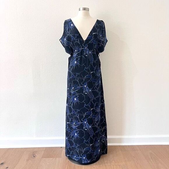 Club Monaco Blue Floral 100% Silk Kaftan Maxi Dress Women’s Size 2 - Picture 1 of 15